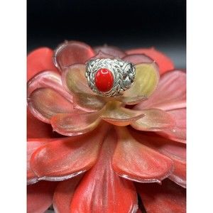 New 925 Sterling Silver Single Stone Coral Ring Size 7.5